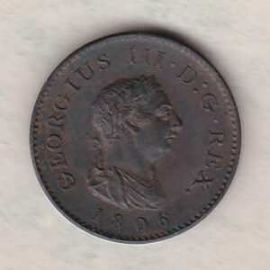 1806 copper farthing coin featuring the portrait of King George III on the Obverse. Britannia seated facing left on the Reverse.