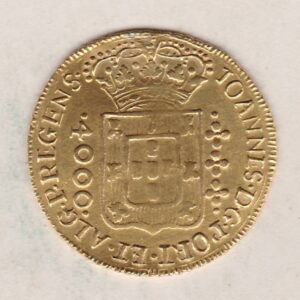 1810 Brazil Gold 4000 Reis coin. The obverse features the Portuguese arms. The reverse features the St. George's Cross in the centre.