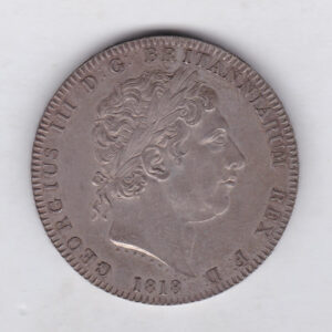 1818 LVIII Silver Crown Coin featuring King George III on the Obverse and the St George slaying the dragon design on the reverse.