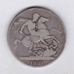 1821 Secundo Silver Crown Coin featuring King George IIII on the Obverse and the St George slaying the dragon design on the reverse.