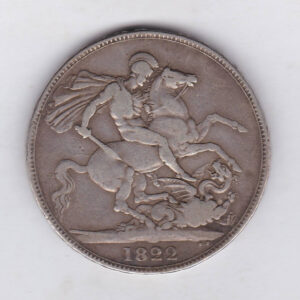 1822 Tertio Silver Crown Coin featuring King George IIII on the Obverse and the St George slaying the dragon design on the reverse.