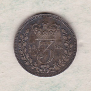 1822 Silver Maundy Threepence coin featuring King George IV on the obverse. The reverse features a crowned denomination dividing date within an oak wreath. 
