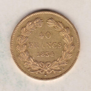 1834 A France Gold Forty Francs coin features the bust of Louis Philippe facing left on the Obverse. The value of 40 Francs within a wreath on the Reverse.