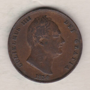 1834 copper halfpenny coin featuring King William IV on the Obverse. Britannia seated facing right holding a trident on the Reverse. 