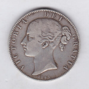 1845 cinquefoil Silver Crown Coin featuring Queen Victoria Young head on the Obverse and the Shield design on the reverse.