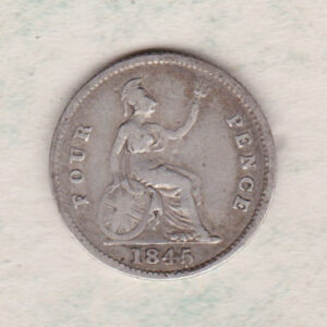 1845 Silver Fourpence Groat coin featuring a young head Queen Victoria on the Obverse. The Britannia, denomination and date are on the reverse.