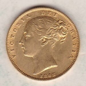 1848 Gold Sovereign Coin. The coin features a young head queen Victoria on the Obverse and the collectable shield design on the Reverse.