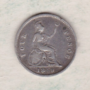 1849 Silver Fourpence Groat coin featuring a young head Queen Victoria on the Obverse. The Britannia, denomination and date are on the reverse.