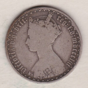 1853 Silver Gothic Florin Coin. The Obverse features a crowned bust of Queen Victoria. The Reverse features a shield with denomination.