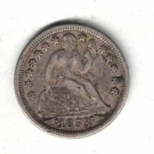 1853 USA Seated Liberty Silver One Dime Coin. The Obverse features seated liberty head facing right. The reverse features the value within wreath.