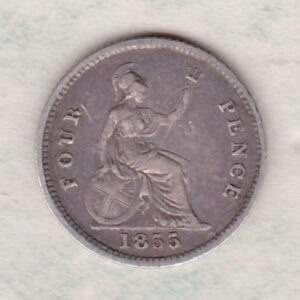 1855 Silver Fourpence Groat coin featuring a young head Queen Victoria on the Obverse. The Britannia, denomination and date are on the reverse.