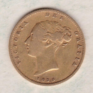 1858 Gold Half Sovereign Coin featuring Queen Victoria Young Head on the Obverse and the shield design on the Reverse in very fine condition.
