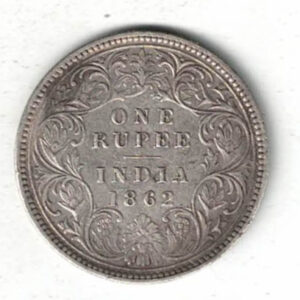 1862 India Silver One Rupee Coin. The obverse side of this coin features the crowned portrait of Queen Victoria facing left.