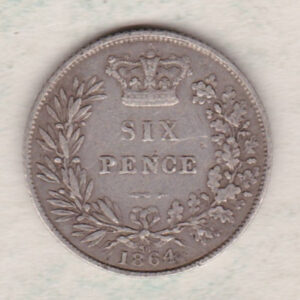 1864 silver sixpence coin featuring young head Queen Victoria on the Obverse. The crowned denomination within a wreath and date below on the Reverse.