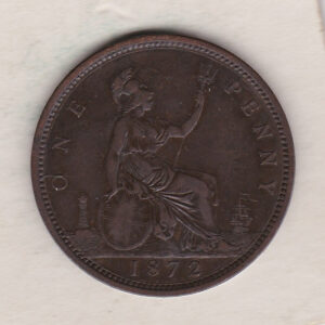 1872 bronze penny coin featuring the young head portrait of Queen Victoria on the Obverse. The coin depicts Britannia seated to the right on the Reverse.