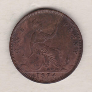 1874 H bronze penny coin featuring the young head portrait of Queen Victoria on the Obverse. The coin depicts Britannia seated to the right on the Reverse.