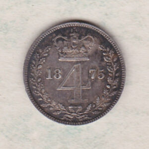 1875 silver maundy fourpence coin featuring Queen Victoria on the Obverse. The crowned denomination dividing date within an oak wreath on the Reverse.