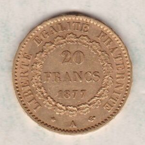 1877 A France Gold Twenty Francs coin featuring a guardian angel on the Obverse. The reverse side of the coin has the value and year surrounded by a wreath.