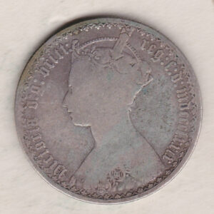 1879 Silver Gothic Florin Coin. The Obverse features a crowned bust of Queen Victoria. The Reverse features a shield with denomination.