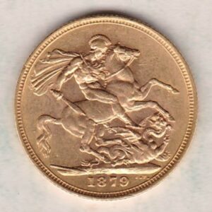 1879 M Gold Sovereign Coin featuring Queen Victoria Young Head on the Obverse and St George & the Dragon on the Reverse. Melbourne Mint.