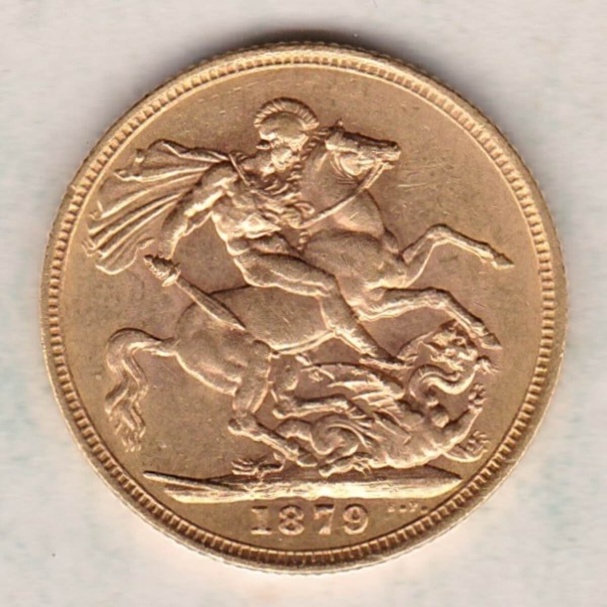1879 M Gold Sovereign Coin featuring Queen Victoria Young Head on the Obverse and St George & the Dragon on the Reverse. Melbourne Mint.