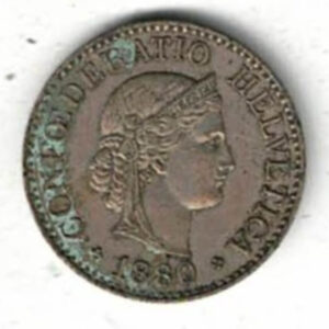 1880 B Switzerland Ten Rappen Coin. The obverse features the head of Libertas. The reverse features a wreath with two oak branches with acorns.