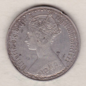 1880 Silver Gothic Florin Coin. The Obverse features a crowned bust of Queen Victoria. The Reverse features a shield with denomination.