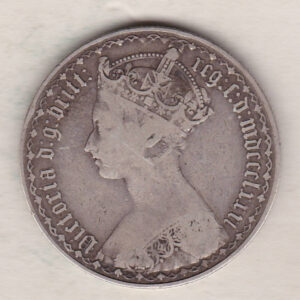 1881 Silver Gothic Florin Coin. The Obverse features a crowned bust of Queen Victoria. The Reverse features a shield with denomination.