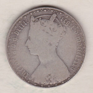 1885 Silver Gothic Florin Coin. The Obverse features a crowned bust of Queen Victoria. The Reverse features a shield with denomination.