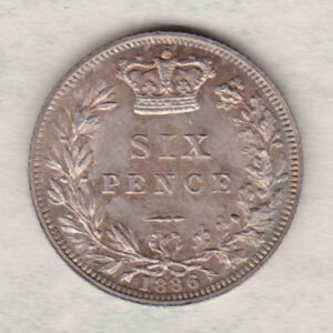 1886 Silver Sixpence coin featuring Queen Victoria on the Obverse. The Reverse features a crowned denomination within wreath.