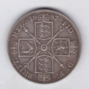 1887 Arabic silver double florin coin featuring the Jubilee Head design of Queen Victoria. With the Garter star and four sceptres in the angles Reverse.