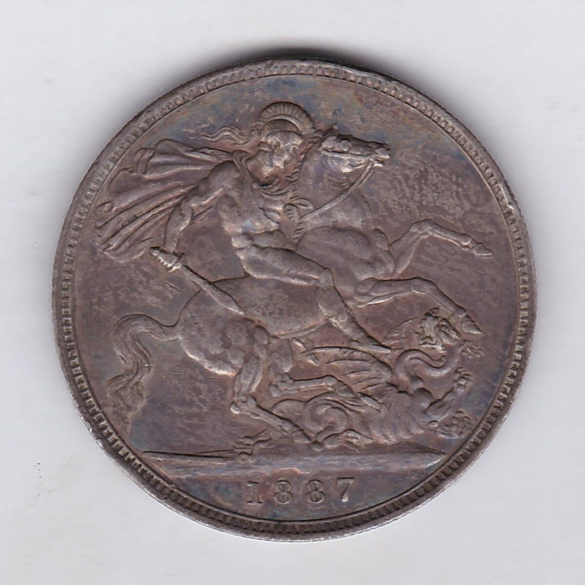 1887 Silver Crown Coin featuring Queen Victoria Jubilee head on the Obverse and the St George & dragon design on the reverse.