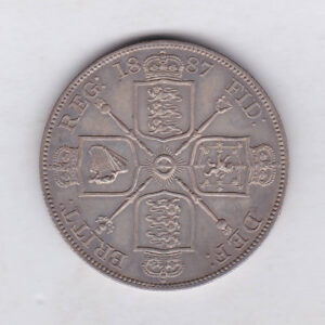 1887 Arabic silver double florin coin featuring the Jubilee Head design of Queen Victoria. With the Garter star and four sceptres in the angles Reverse.