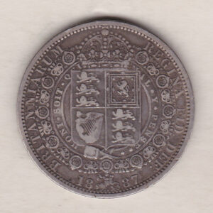 1887 Silver Halfcrown coin featuring the Jubilee head of Queen Victoria on the Obverse. The shield of royal arms completes the Reverse design.