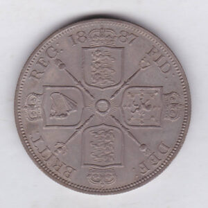 1887 Roman silver double florin coin featuring the Jubilee Head design of Queen Victoria. With the Garter star and four sceptres in the angles Reverse.