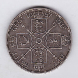 1887 silver double florin coin featuring the Jubilee Head design of Queen Victoria. With the Garter star and four sceptres in the angles Reverse.