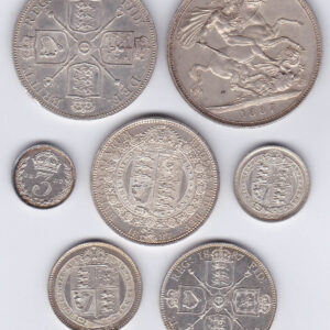 1887 Seven Coin Silver Set. This seven coin set includes the halfcrown down to threepence. Each coin features the Jubilee Head design on the obverse.