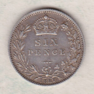 1887 Silver Sixpence coin featuring Queen Victoria on the Obverse. The Reverse features a crowned denomination within wreath.