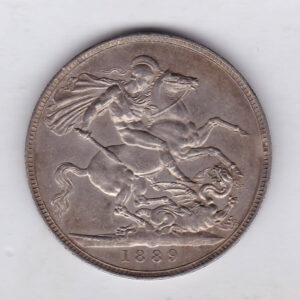 1889 Silver Crown Coin featuring Queen Victoria Jubilee head on the Obverse and the St George & dragon design on the reverse.