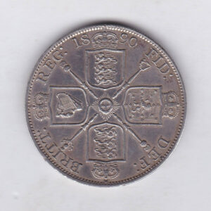 1890 silver double florin coin featuring the Jubilee Head design of Queen Victoria. The Garter star and four sceptres in the angles complete the Reverse.