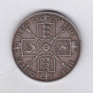 1890 silver double florin coin featuring the Jubilee Head design of Queen Victoria. The Garter star and four sceptres in the angles complete the Reverse.