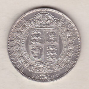 1892 Silver Halfcrown coin featuring the Jubilee head of Queen Victoria on the Obverse. The shield of royal arms completes the Reverse design.