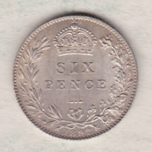 1892 Silver Sixpence coin featuring Queen Victoria on the Obverse. The Reverse features a crowned denomination within wreath.