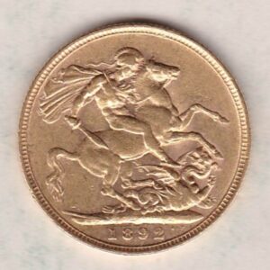 1892 Gold Sovereign Coin featuring Queen Victoria Jubilee Head on the Obverse and St George & the Dragon on the Reverse. London Mint.