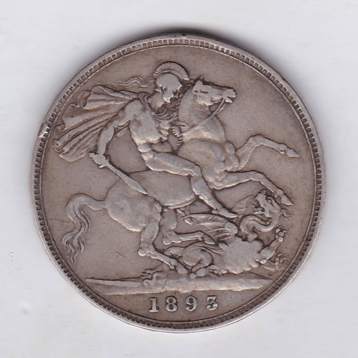 1893 LVI Silver Crown Coin featuring Queen Victoria old head or vailed head on the Obverse and the St George & dragon design on the reverse.