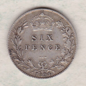 1894 Silver Sixpence coin featuring Queen Victoria on the Obverse. The Reverse features a crowned denomination within wreath.