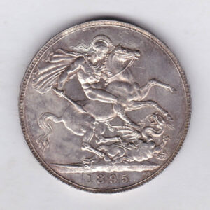 1895 LIX Silver Crown Coin featuring Queen Victoria old head or vailed head on the Obverse and the St George & dragon design on the reverse.
