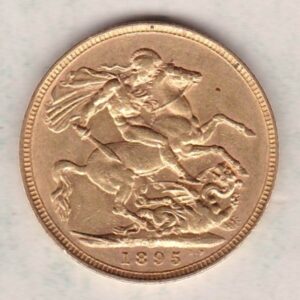 1895 M Gold Sovereign Coin featuring Queen Victoria Old Head on the Obverse and St George & the Dragon on the Reverse. Melbourne, Australia Mint.