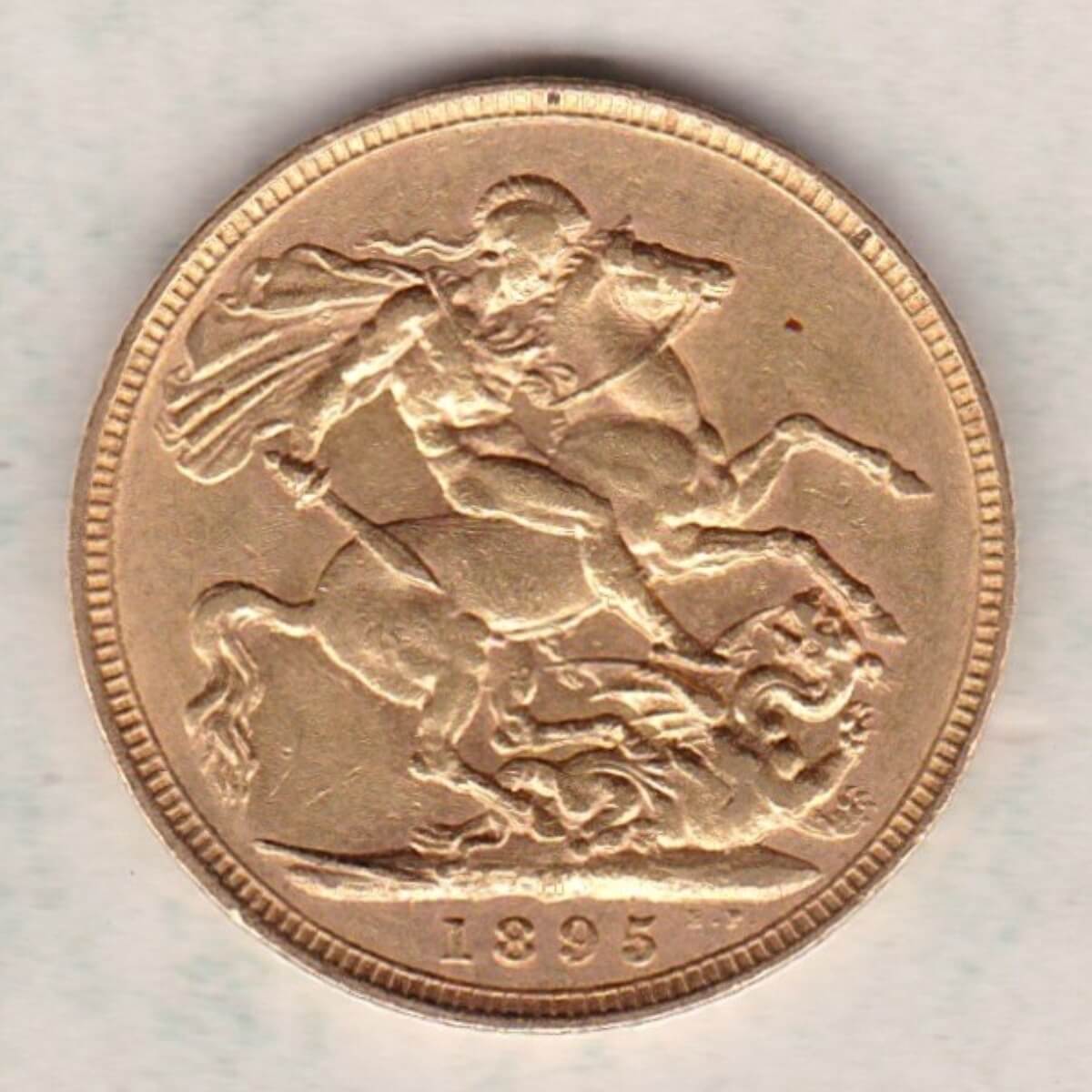 1895 M Gold Sovereign Coin featuring Queen Victoria Old Head on the Obverse and St George & the Dragon on the Reverse. Melbourne, Australia Mint.