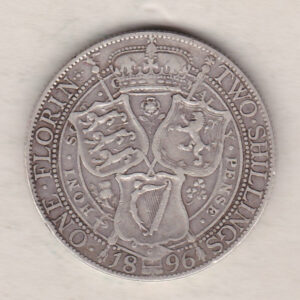 1896 Silver Florin coin. The portrait of Queen Victoria on the Obverse. With a crown above shields of England, Scotland and Ireland on the reverse.